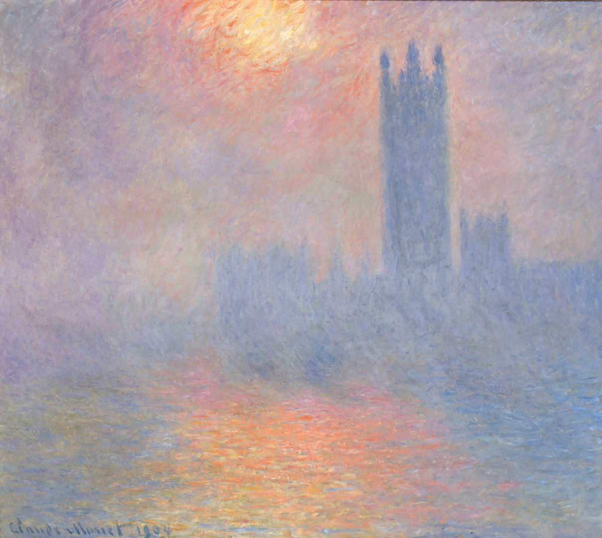 Londres, le Parlement. Trouée de soleil dans le brouillard