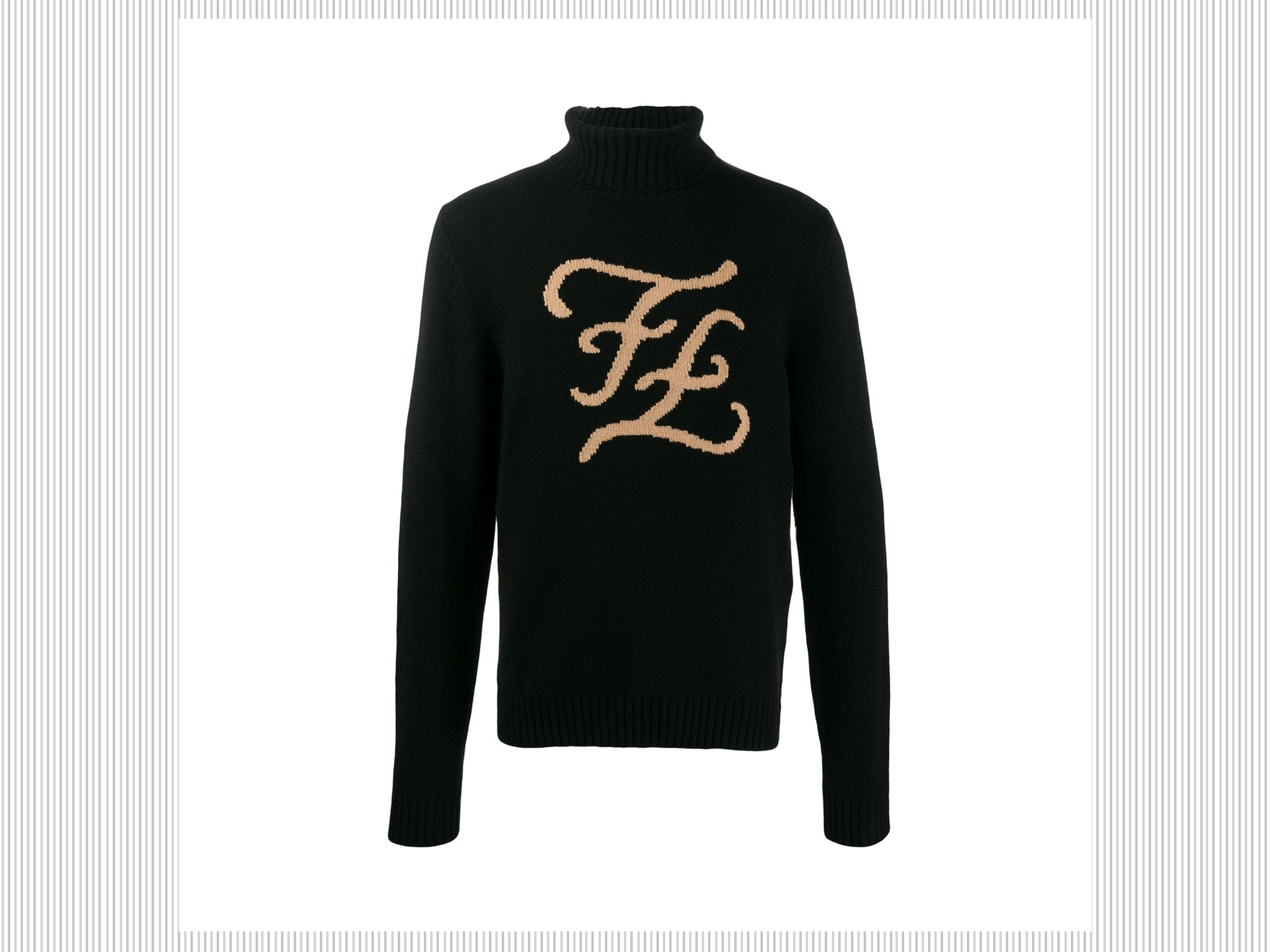 FENDI - Maglione nero a collo alto con logo ricamato