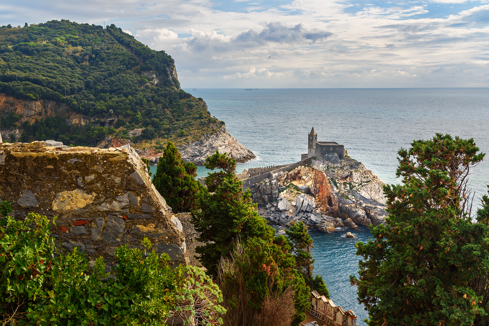 View of Church of St. Peter in Portovenere or Porto Venere town on Ligurian coast. Italy