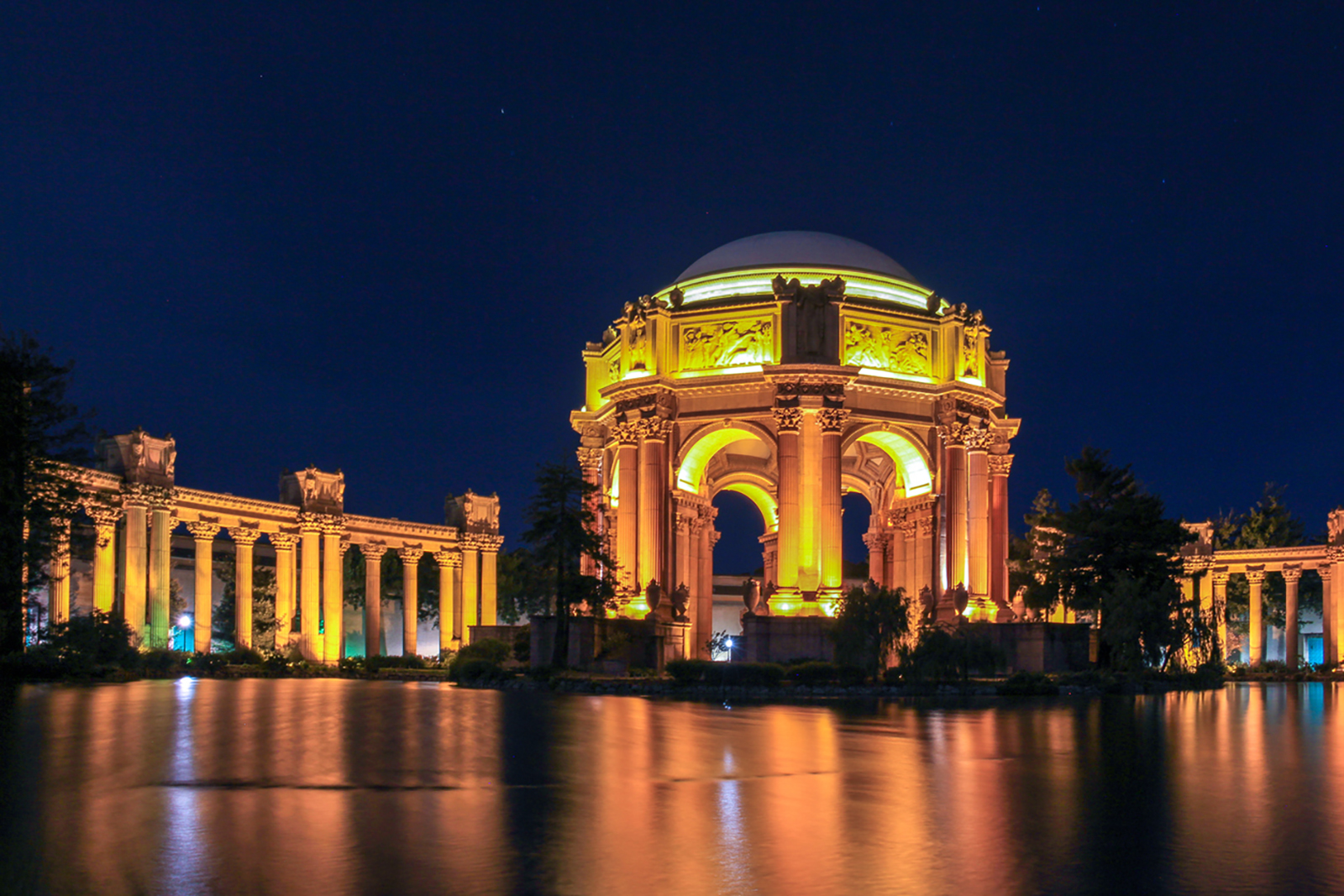 Night long exposure picture of the palace of fine arts theater, San Francisco