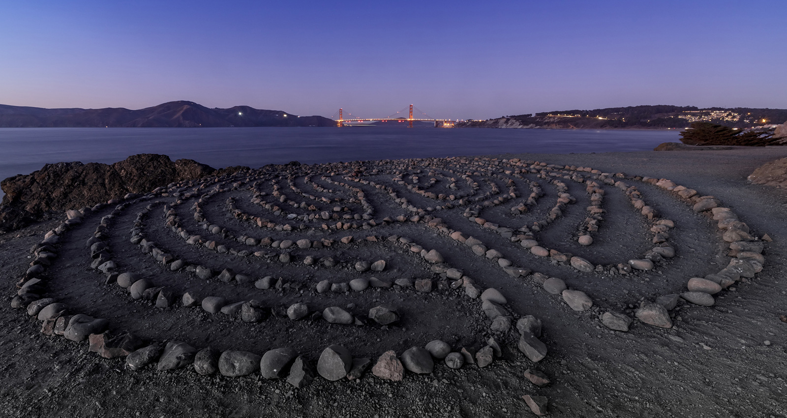 Lands End Labyrinth and the Golden Gate Bridge with Autumn Blue Skies.