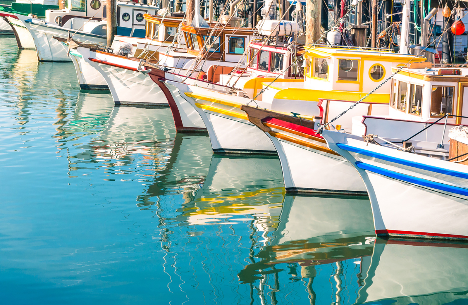Colorful sailing boats at Fishermans Wharf of San Francisco Bay