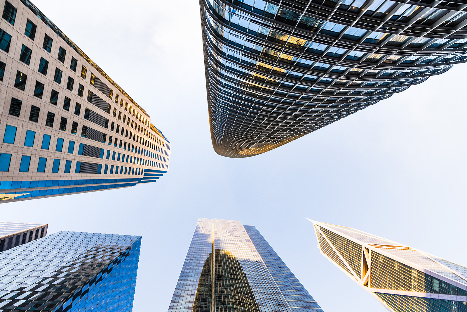 Looking up to the skyscrapers surrounding Salesforce Plaza, San Francisco