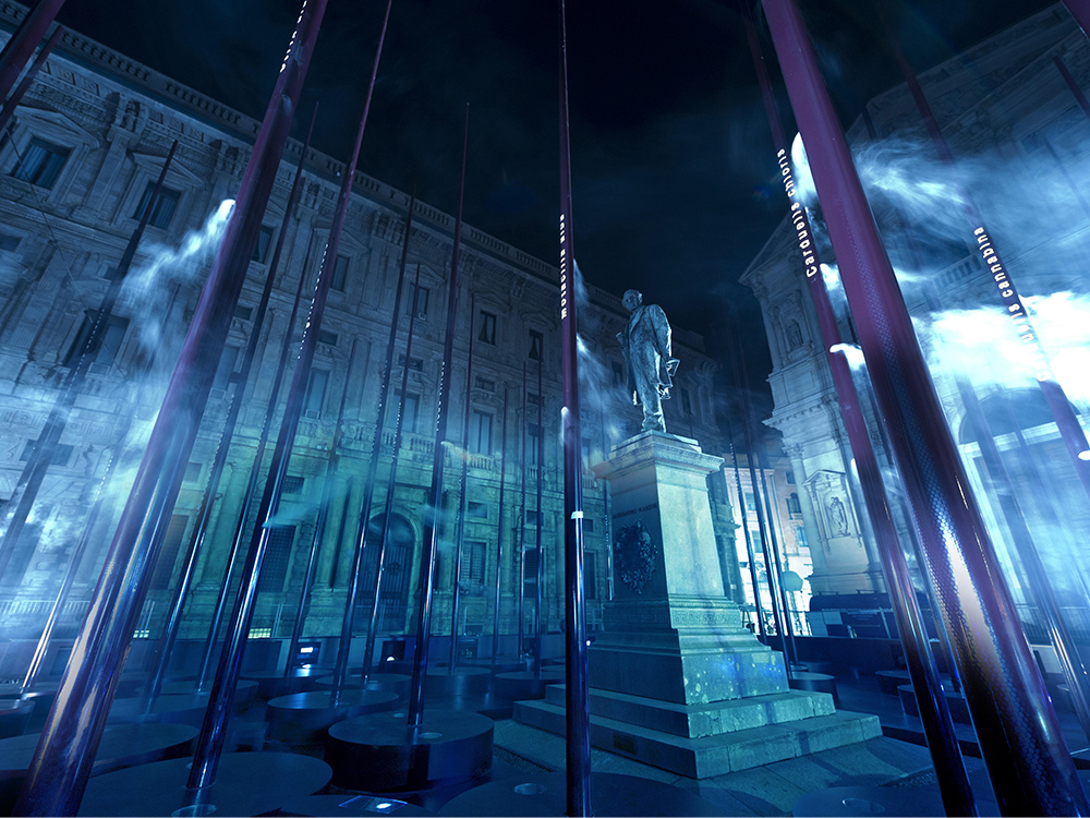 cuorebosco. Luci suoni e alberi di nebbia dove è nata la città, 2011, Piazza San Fedele.