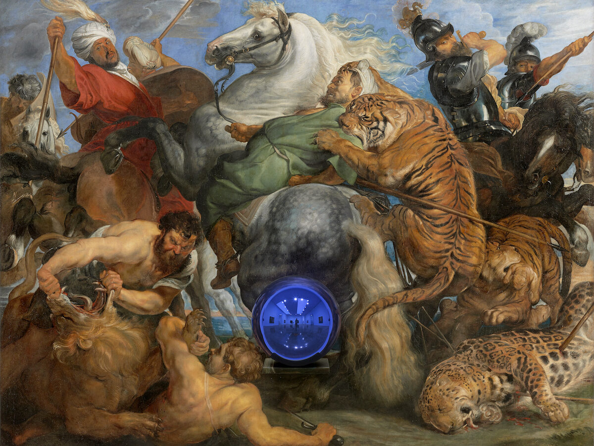 Jeff Koons, Gazing Ball (Rubens Tiger Hunt), 2015 olio su tela, vetro e alluminio; cm 163,8 x 211,1 x 37,5 Collezione dell’artista. © Jeff Koons Photo: Tom Powel Imaging, Courtesy Gagosian Serie Gazing Ball Paintings