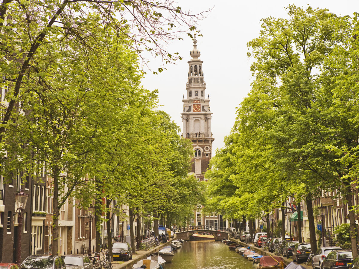 The bell-tower of Zuiderkerk from Groenburgwal canal, Amsterdam, Netherlands