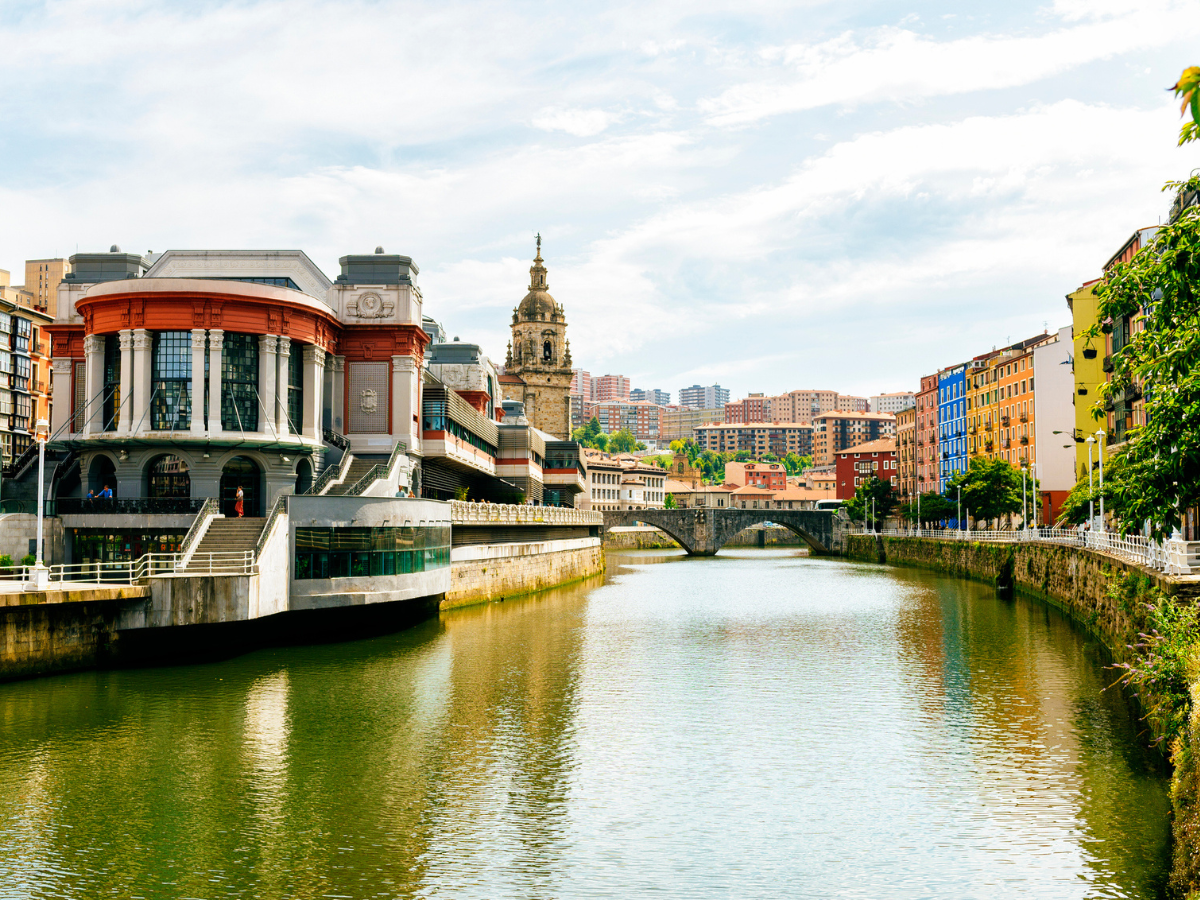 View of Bilbao with the Ribera Market on the Nervion River