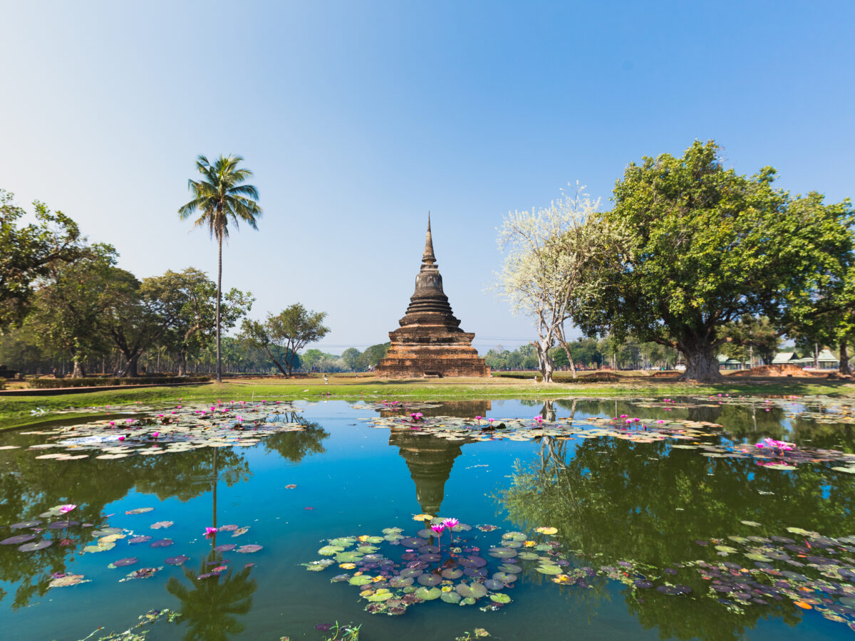 Sukhothai temple lake panorama