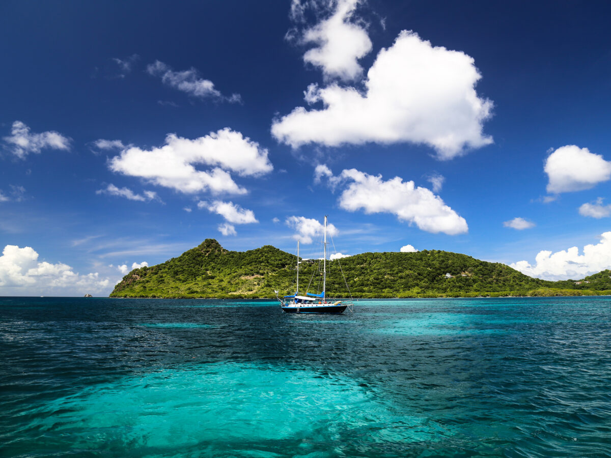 A yacht moored in the sea at Carriacou, Grenada.