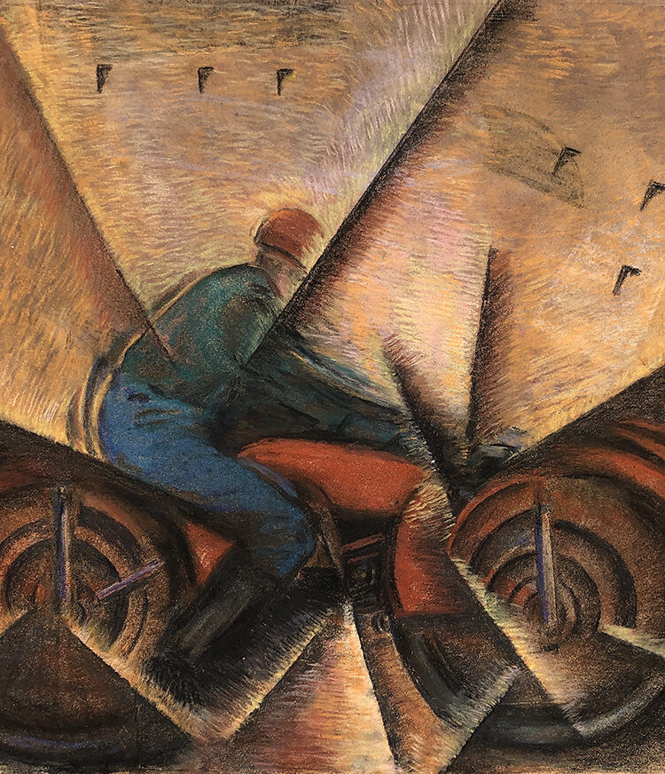 Baldessari-Roberto-Marcello-Iras-Motociclista-e-citta-1916-pastelli-su-carta-collezione-privata-courtesy-Leo-galleries-Monza