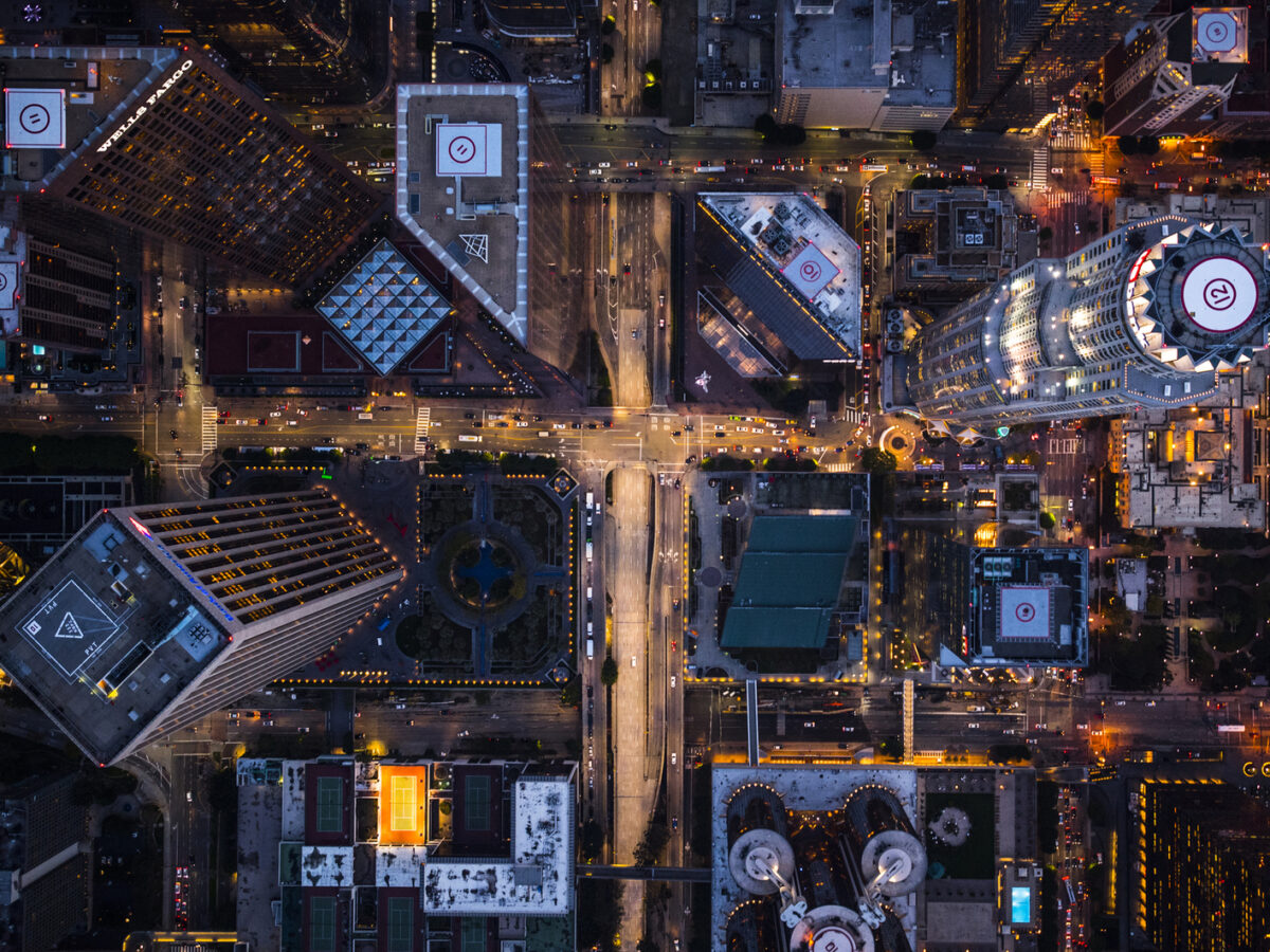Aerial view of illuminated Los Angeles downtown.