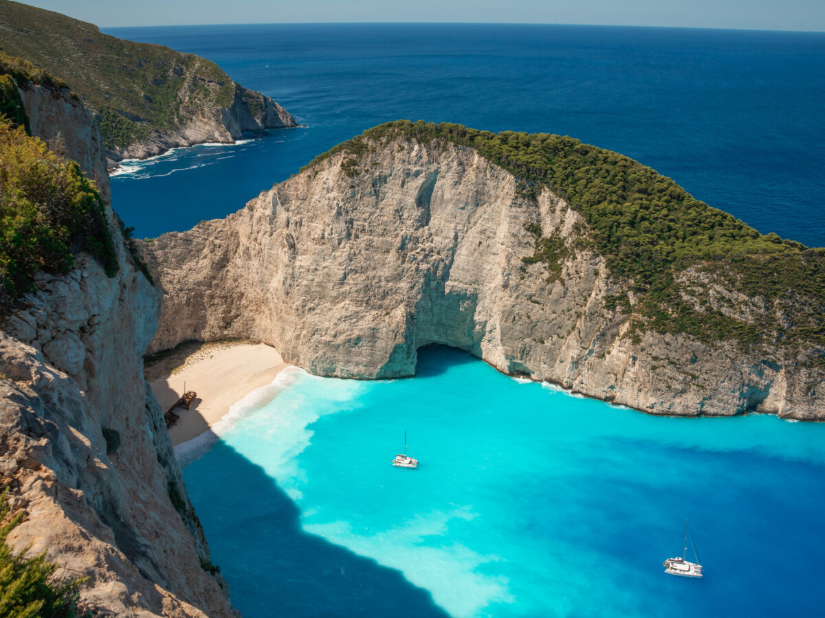 Navagio Bay from a clifftop, Zakynthos Shipwreck, Zakynthos, Greece