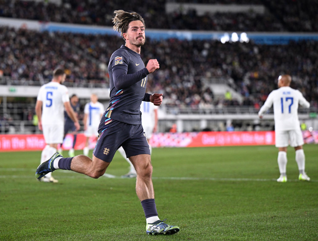 Finland v England - UEFA Nations League 2024/25 League B Group B2 HELSINKI, FINLAND - OCTOBER 13: Jack Grealish of England celebrates scoring his team's first goal during the UEFA Nations League 2024/25 League B Group B2 match between Finland and England at Helsinki Olympic Stadium on October 13, 2024 in Helsinki, Finland. (Photo by Justin Setterfield/Getty Images)