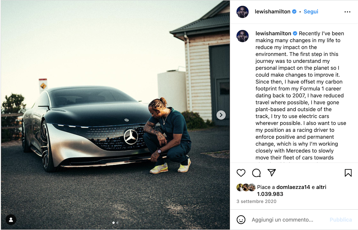Lewis Hamilton - Post su IG in cui annuncia il suo impegno per la sostenibilità Lewis Hamilton - Post su IG in cui annuncia il suo impegno per la sostenibilità