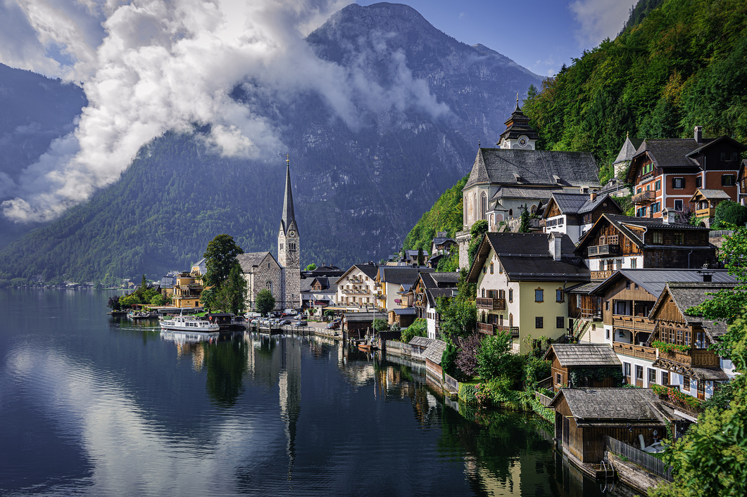 Hallstatt,Austria,Panoramic view of buildings and mountains against sky