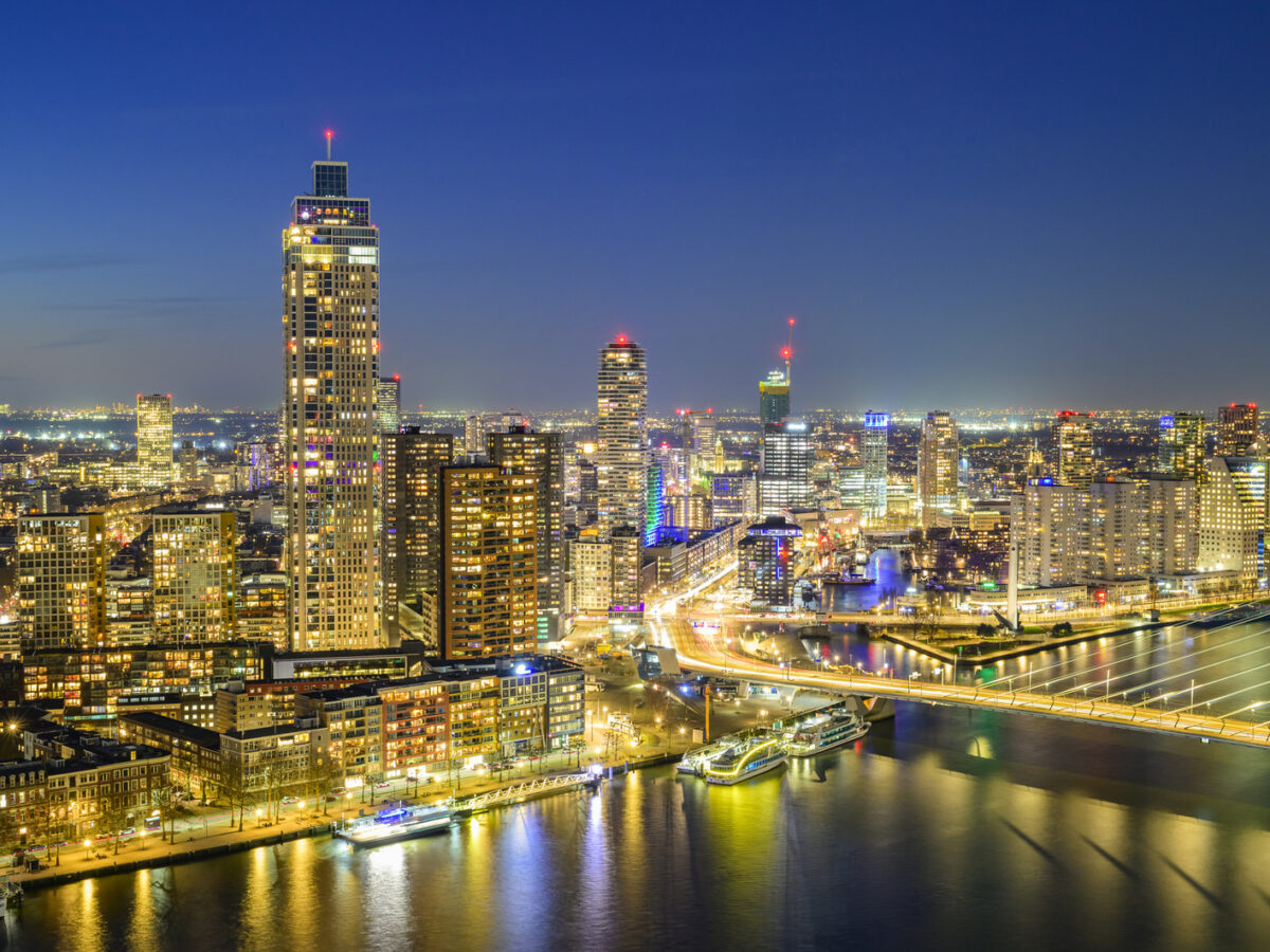 Rotterdam city centre nighttime view at Erasmusbrug over the Maas